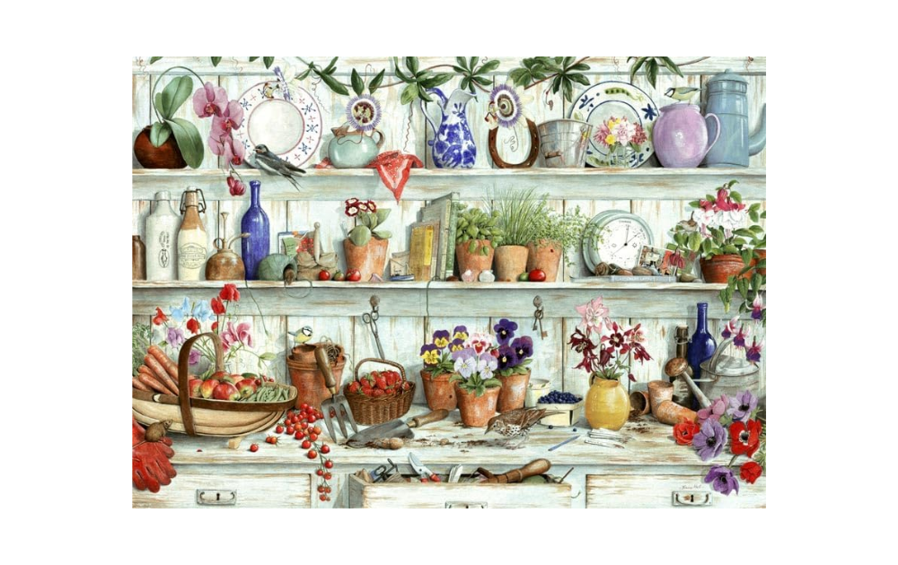 House of Puzzles Posies & Produce big 500 piece jigsaw puzzles featuring a vibrant garden scene.
