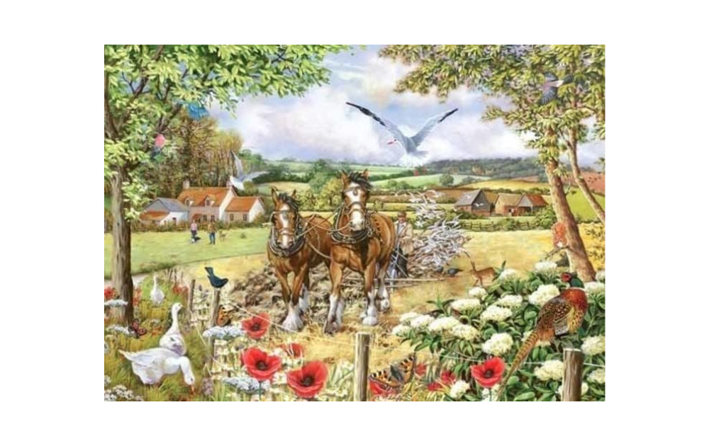 Bonnie and Clyde big puzzle featuring a scenic countryside with horses, flowers, and farmhouses