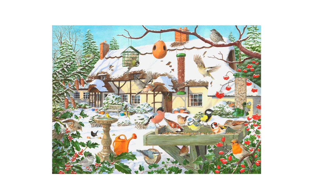Cold Buffet Big 500 Piece Jigsaw Puzzle from House of Puzzles featuring birds feeding in a snowy garden