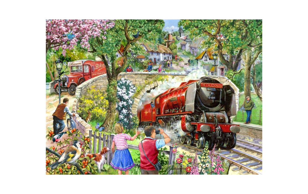 Daily Express 500 piece puzzle featuring a scenic train scene with blooming flowers and children playing