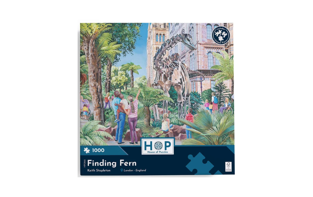 Finding Fern 1000 Piece Jigsaw Puzzle by House of Puzzles featuring a dinosaur skeleton in a lush setting