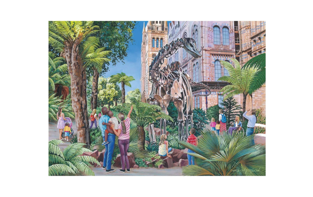 Finding Fern 1000 Piece Jigsaw Puzzle by House of Puzzles featuring a dinosaur skeleton in a lush park setting