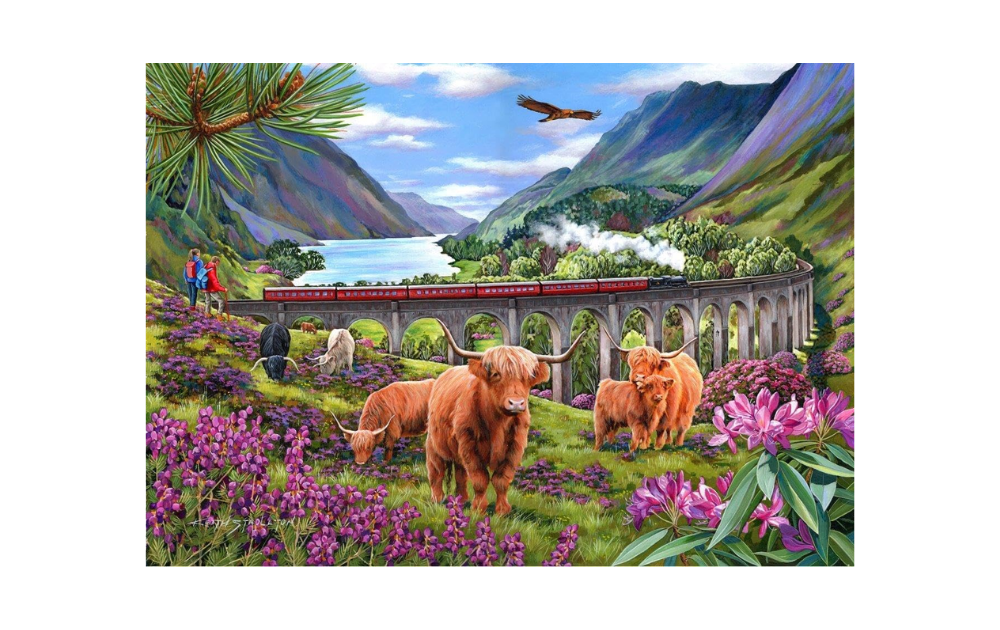 Glenfinnan Ladies BIG 500 Piece Jigsaw Puzzle by House of Puzzles featuring a scenic view with cows, mountains and a train