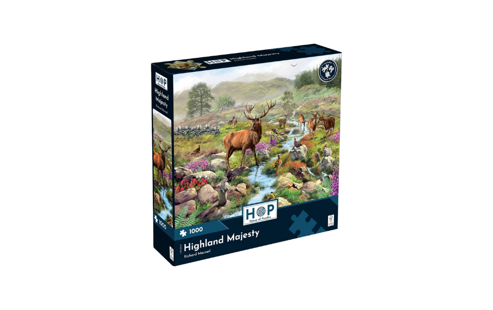 Highland Majesty 1000 Piece Jigsaw Puzzle by House of Puzzles featuring a scenic landscape with stags and a stream