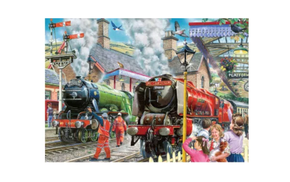 House of Puzzles checking the line. Vintage steam trains at busy station jigsaw with passengers on platform