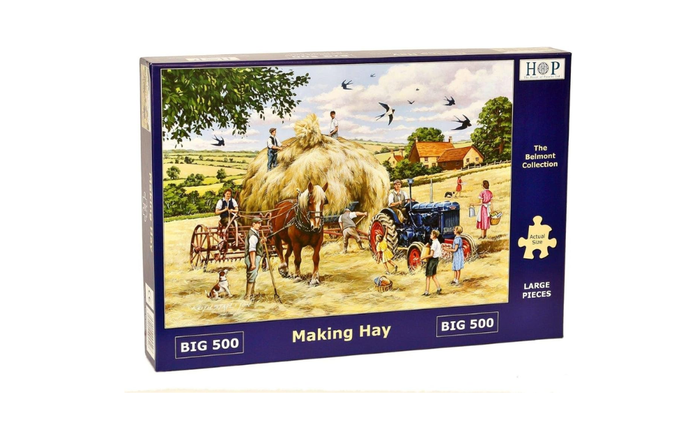 House of Puzzles Making Hay 500 Piece Jigsaw Puzzle featuring a rural scene with hay bales and horses