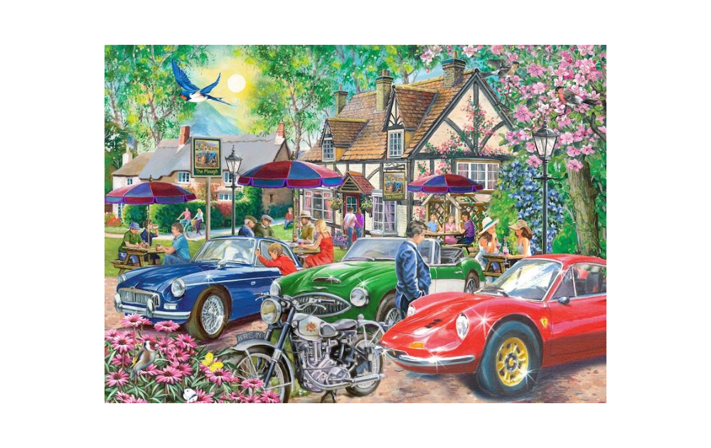 Plough Inn 500 piece puzzle featuring vintage cars and a lively scene outside a cozy pub