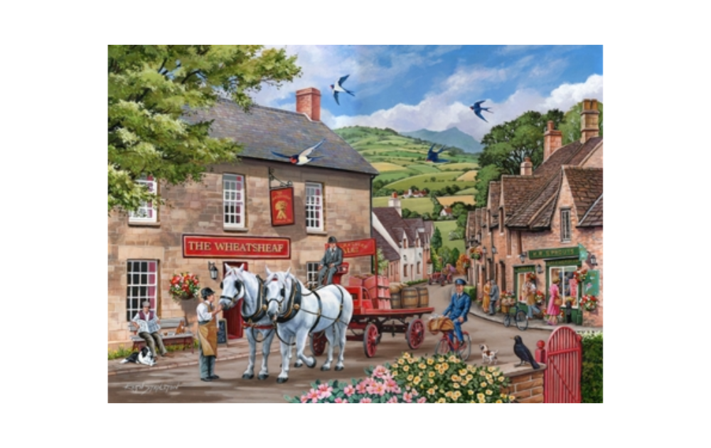 Pulling Their Weight puzzle 500 pieces featuring a charming countryside scene with horses and shops