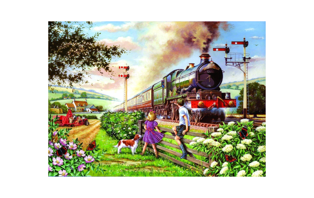 Railway Children 500 piece puzzle featuring a steam train, vibrant countryside, and children with a dog