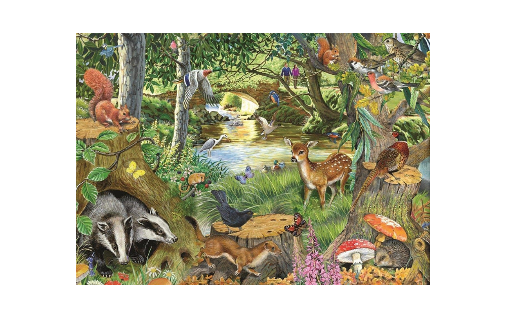 Riverside Glade puzzle by House of Puzzles showcasing vibrant wildlife in a serene forest setting