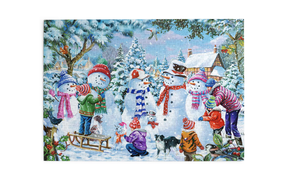 Seven Silly Snowmen 1000 Piece Jigsaw Puzzle by House of Puzzles showing children building snowmen in a snowy landscape