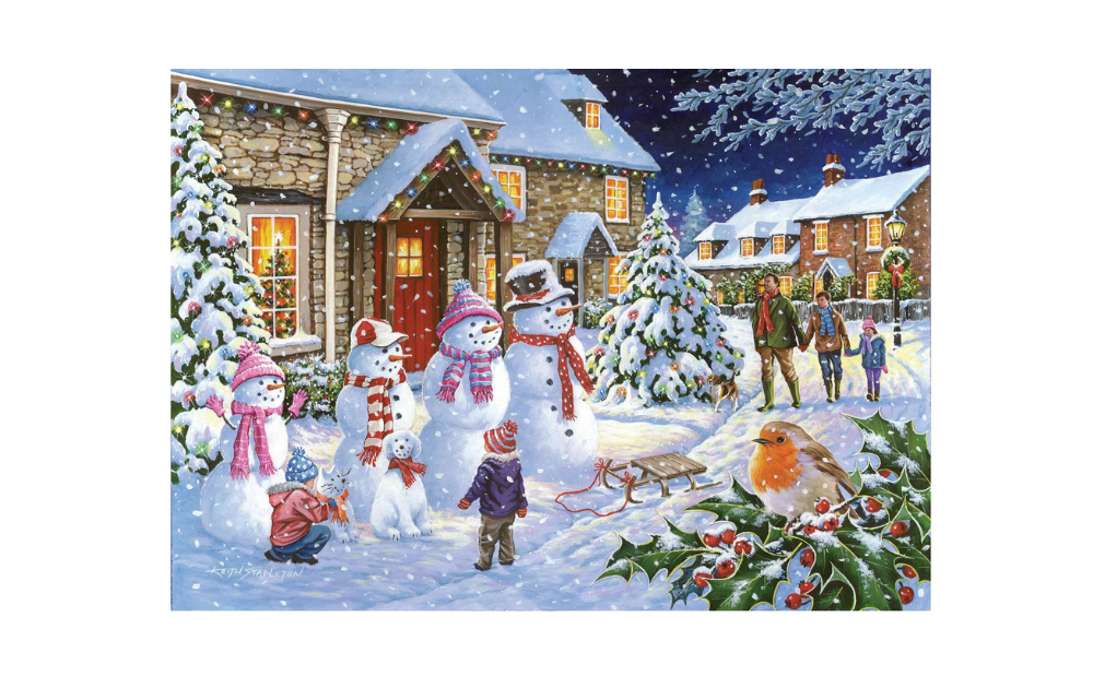 House of Puzzles snowman jigsaw featuring a winter scene with snowmen, children, and festive decorations