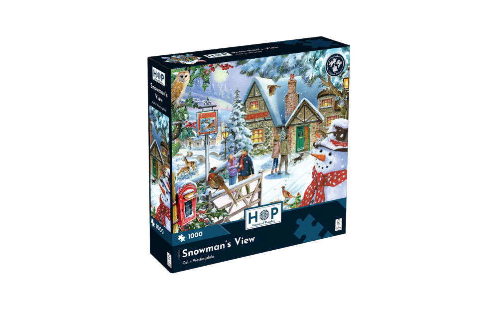 Snowman's View 1000 Piece Jigsaw Puzzle by House of Puzzles featuring a festive winter scene with snowman and cottages