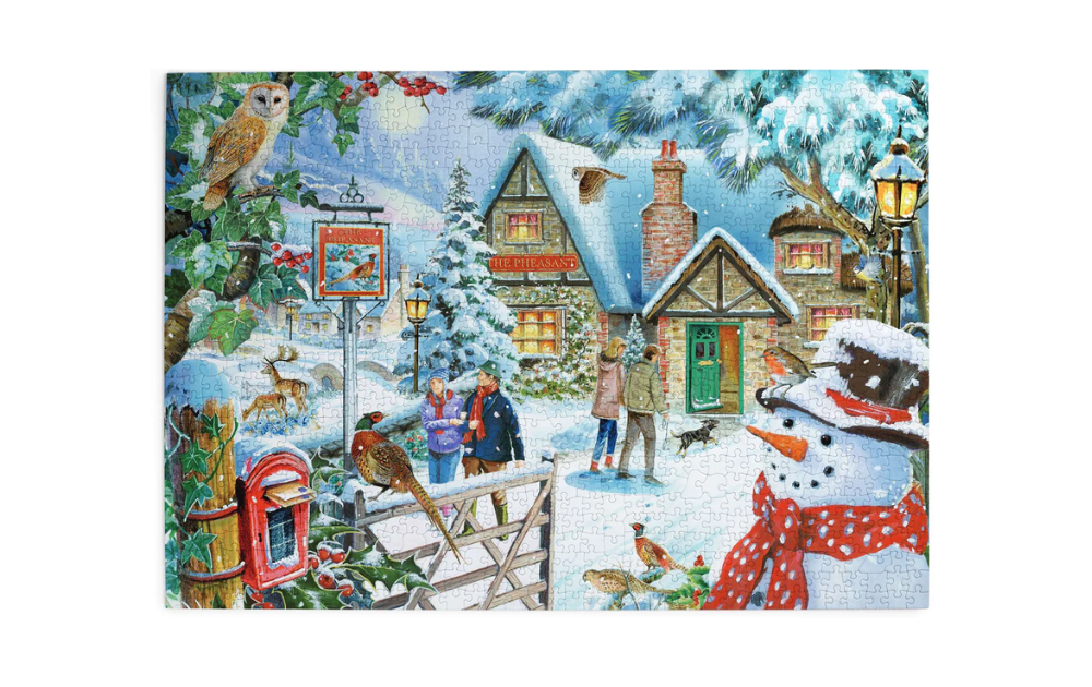 Snowman's View 1000 Piece Jigsaw Puzzle by House of Puzzles featuring a winter village scene with a snowman