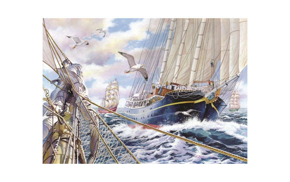 Steady as She Goes puzzle featuring a detailed maritime scene with a ship sailing through turbulent waters