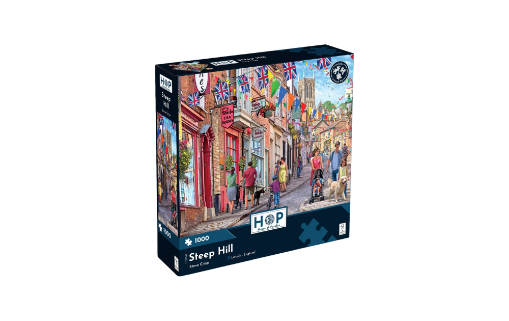 Steep Hill 1000 Piece Jigsaw Puzzle from House of Puzzles featuring a vibrant street scene with shops and people