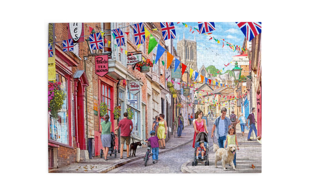 Steep Hill 1000 Piece Jigsaw Puzzle from House of Puzzles depicting a bustling street scene with people and dogs