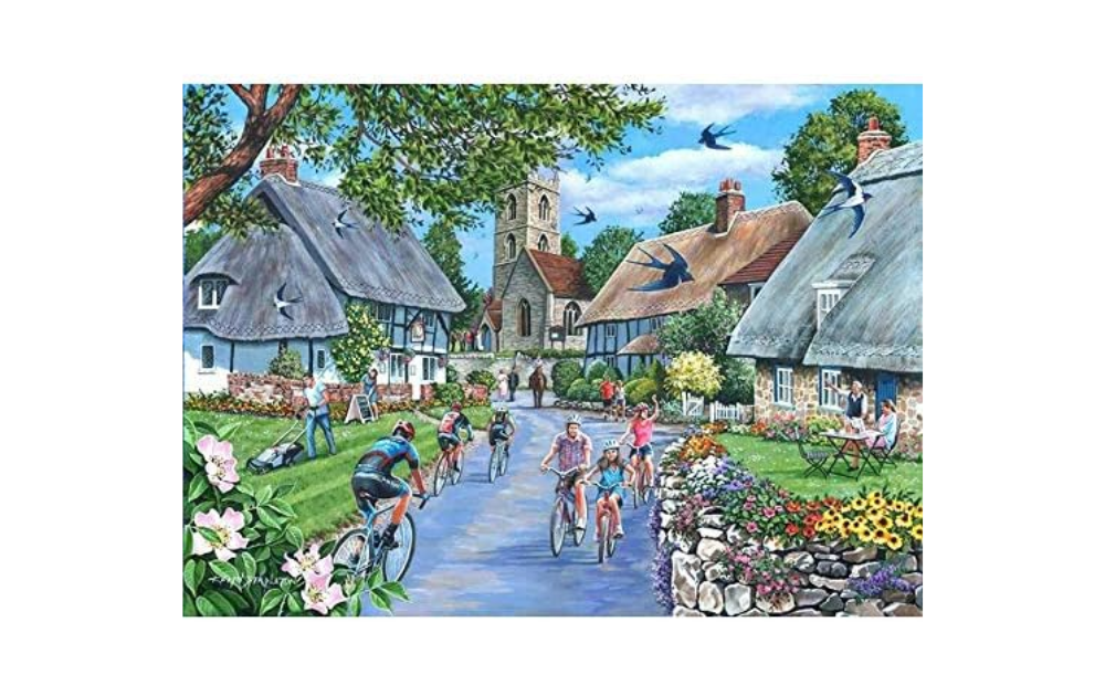 Sunday Morning 500 piece puzzle showing a vibrant village scene with cyclists and blooming flowers