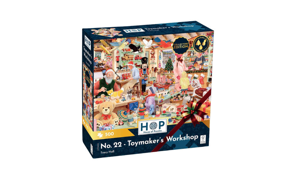 House of Puzzles Toymaker's Workshop 500 Piece Collectors Edition Jigsaw Puzzle featuring a festive workshop scene