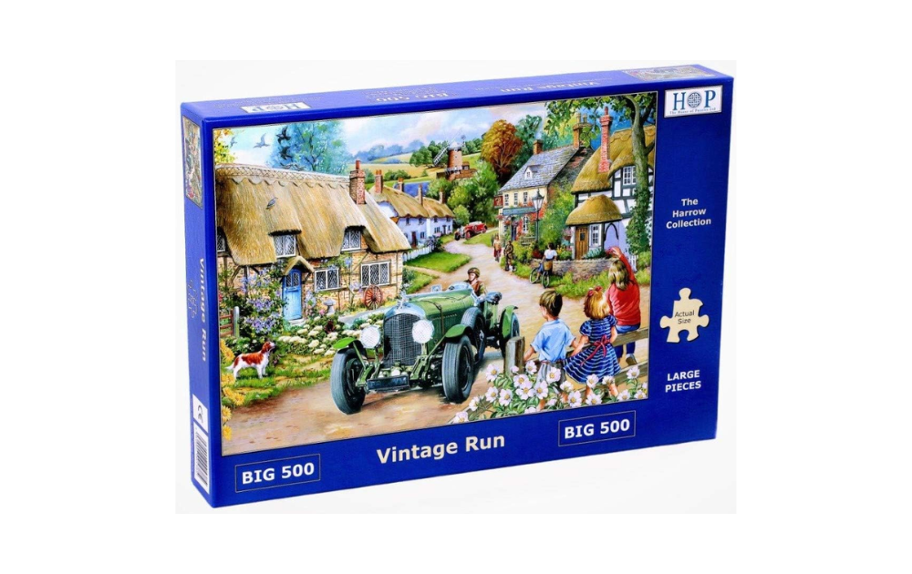 Vintage Run Big 500 Piece Puzzle by House of Puzzles featuring a countryside scene with children and a classic car