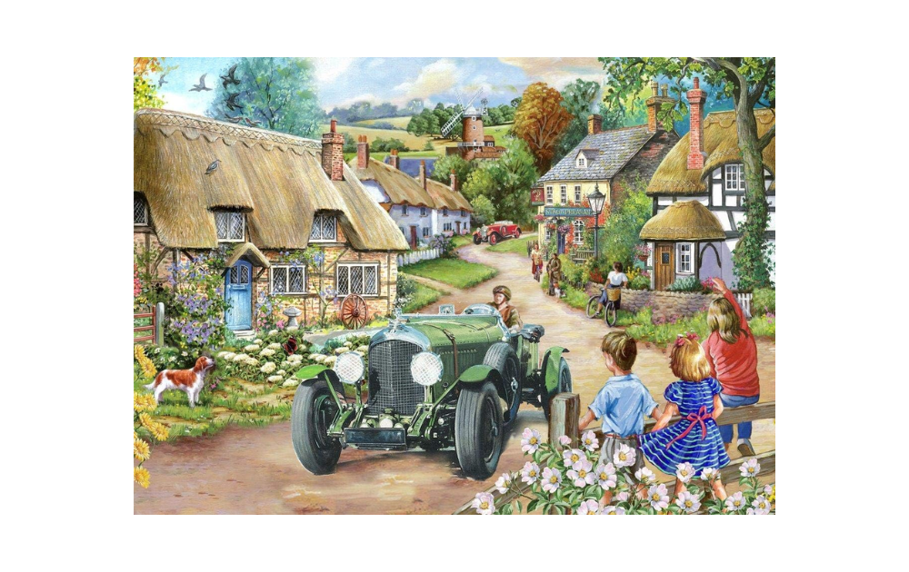 Vintage Run Big 500 Piece Puzzle by House of Puzzles featuring a scenic village with a classic car and children playing