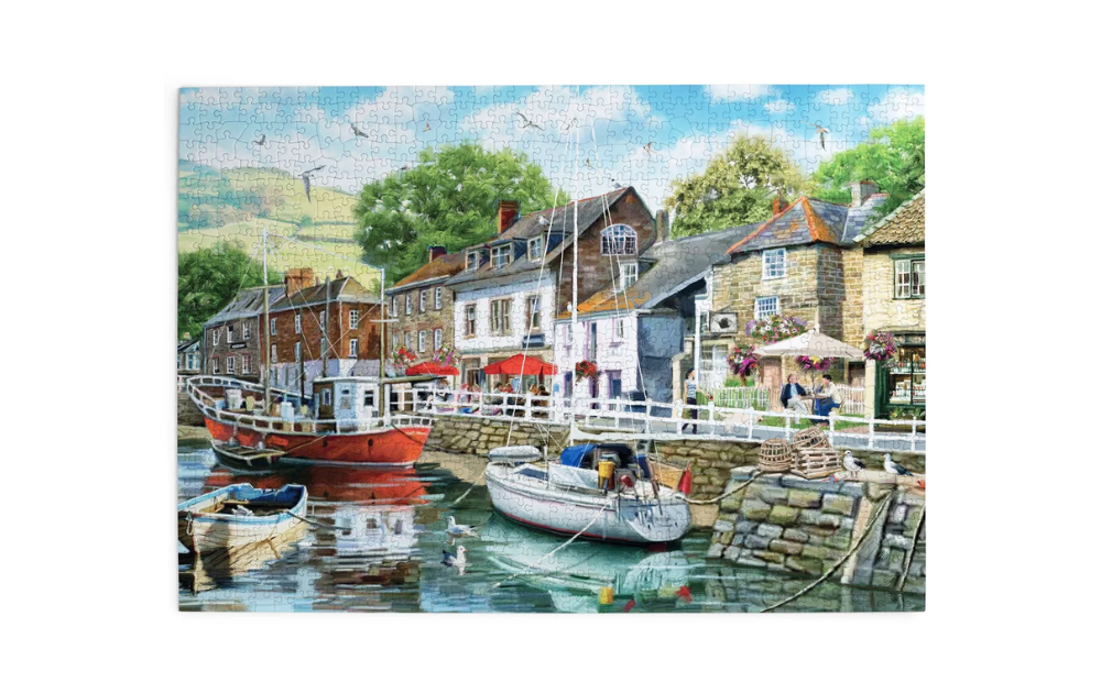 Waiting by the Wharf 500 Piece Jigsaw Puzzle by House of Puzzles featuring a scenic harbour with boats