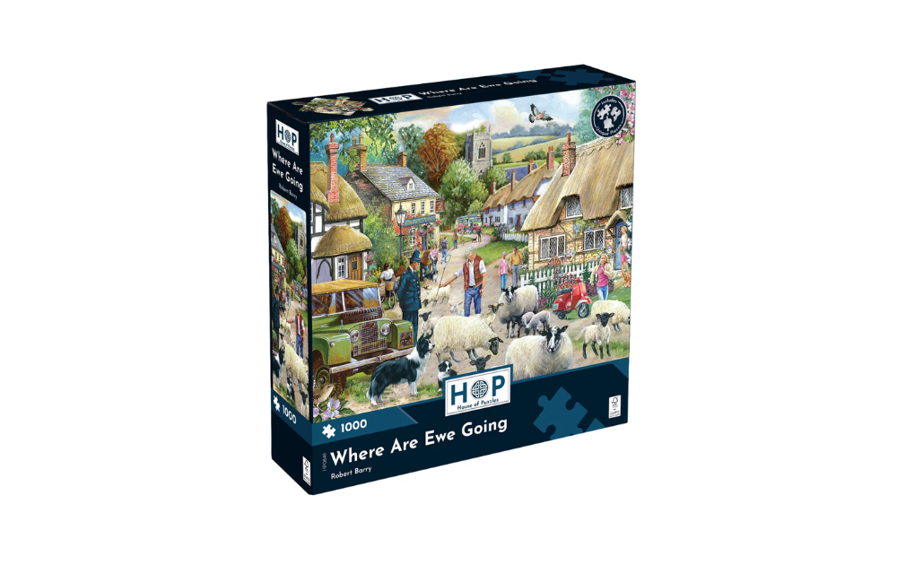 Where Are Ewe Going 1000 Piece Jigsaw Puzzle by House of Puzzles featuring a charming village scene with sheep