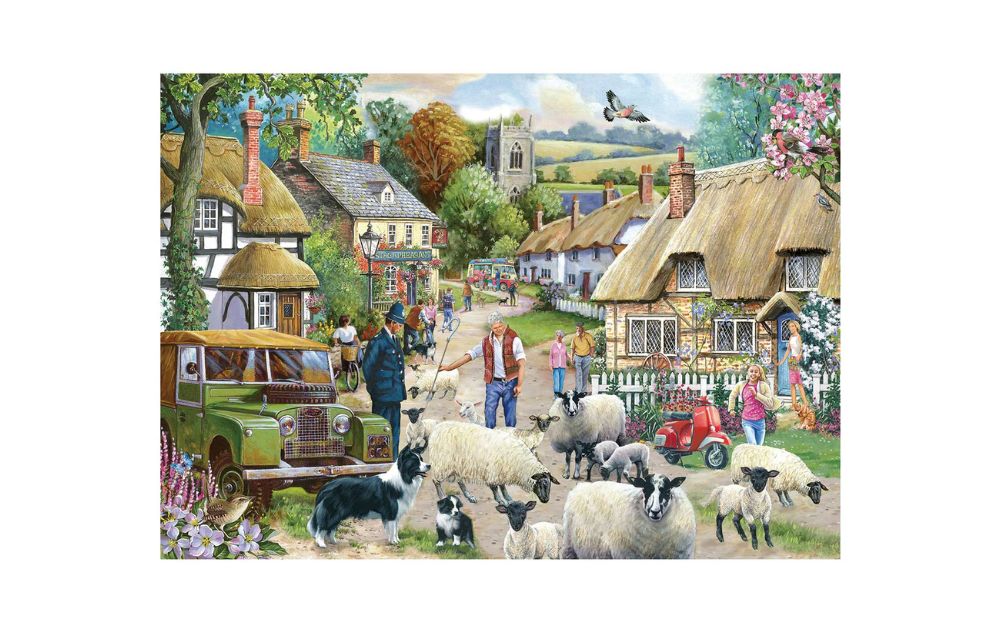 Where Are Ewe Going 1000 Piece Jigsaw Puzzle by House of Puzzles depicting a charming rural scene with sheep and cottages