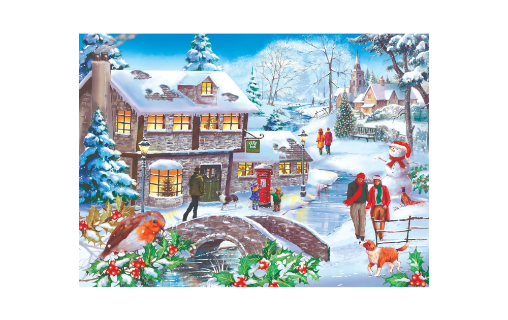 House of Puzzles winter walk jigsaw featuring a snowy village with a cottage, people, and festive decorations