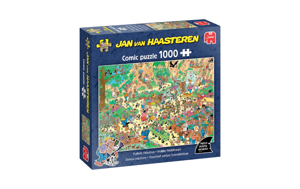 Jan Van Haasteren 1000 Piece Flutterly Fabulous Jigsaw Puzzle featuring a vibrant comic scene