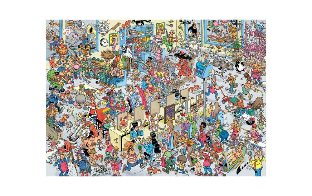 At the Hairdressers puzzle Jan Van Haasteren featuring a busy salon scene with diverse characters