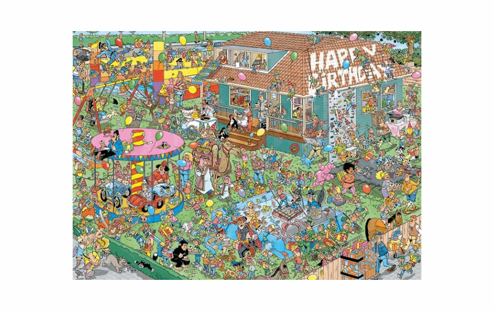 Jan van Haasteren birthday puzzle featuring a colorful, busy celebration scene with party elements
