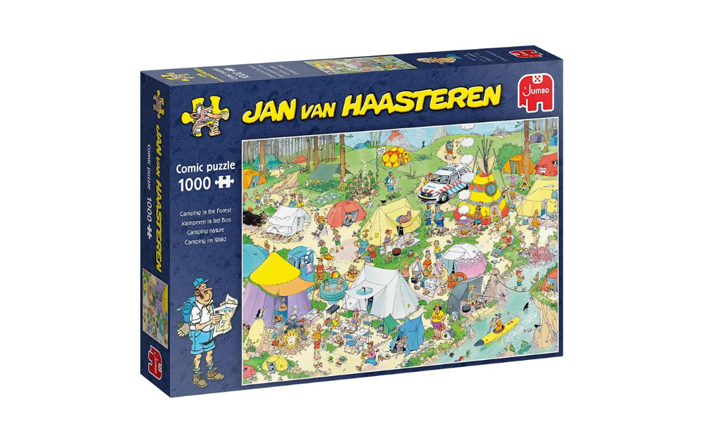 Camping in the Forest jigsaw puzzle by Jan van Haasteren featuring colorful camping scenes and characters