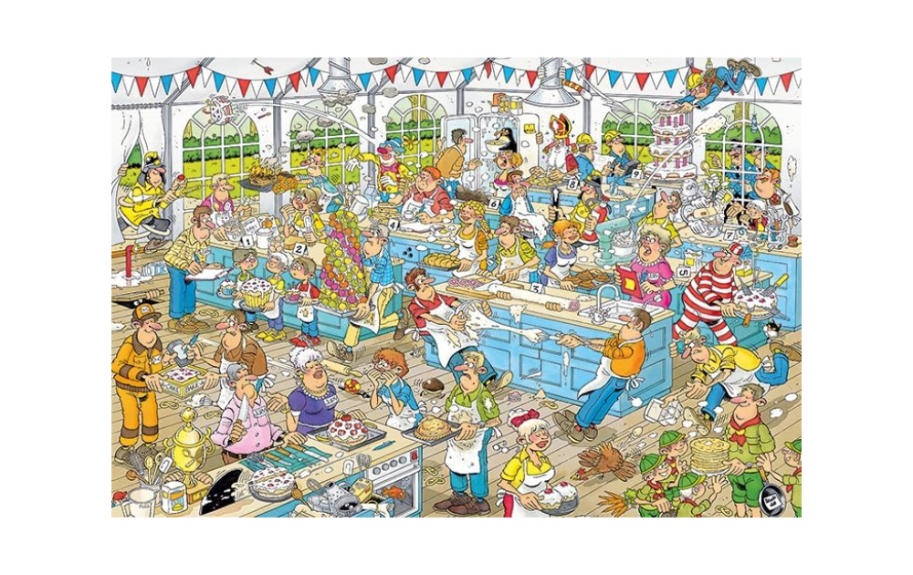 Clash of the Bakers puzzle 1500 pieces featuring a chaotic baking scene in a lively kitchen