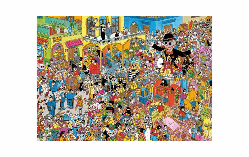 Colorful Dia de los Muertos jigsaw puzzle by Jan Van Haasteren featuring festive skeletons and vibrant scenes