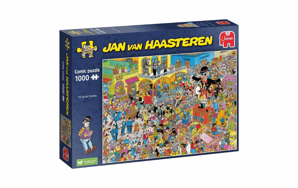 Jan Van Haasteren Dia de los Muertos jigsaw puzzle featuring vibrant illustrations and 1000 pieces
