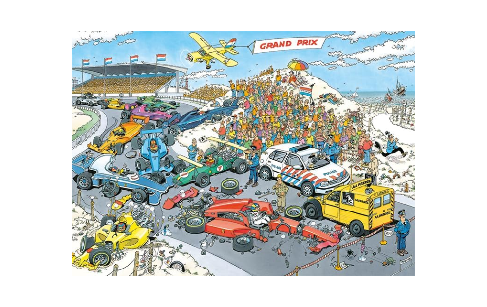Grand Prix 1000 piece puzzle featuring a lively racing scene with cars, spectators, and a vibrant atmosphere