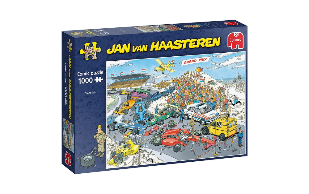 Grand Prix 1000 piece puzzle by Jan Van Haasteren featuring a lively race scene with crowds and colorful cars