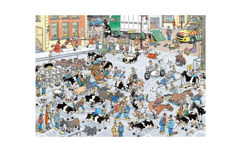 Jan Van Haasteren jigsaw puzzle featuring a busy cattle market scene with various animals and townspeople.