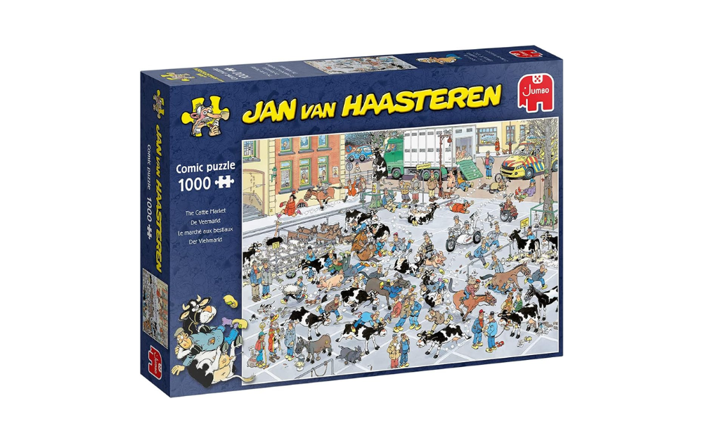 The Cattle Market 1000 piece Jan Van Haasteren jigsaw puzzle featuring a busy market scene