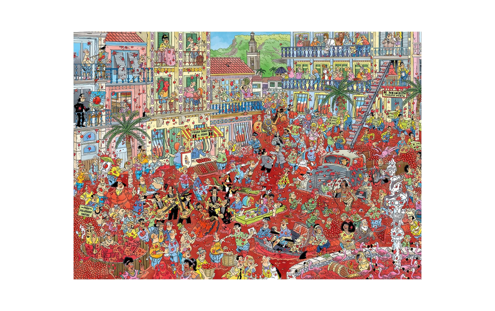 La Tomatina Jan van Haasteren puzzle featuring vibrant scenes of a lively tomato-throwing festival.