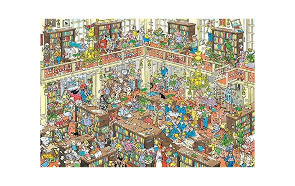 Jan van Haasteren Library puzzle 1000 pieces featuring a busy library scene with diverse characters and colorful bookshelves