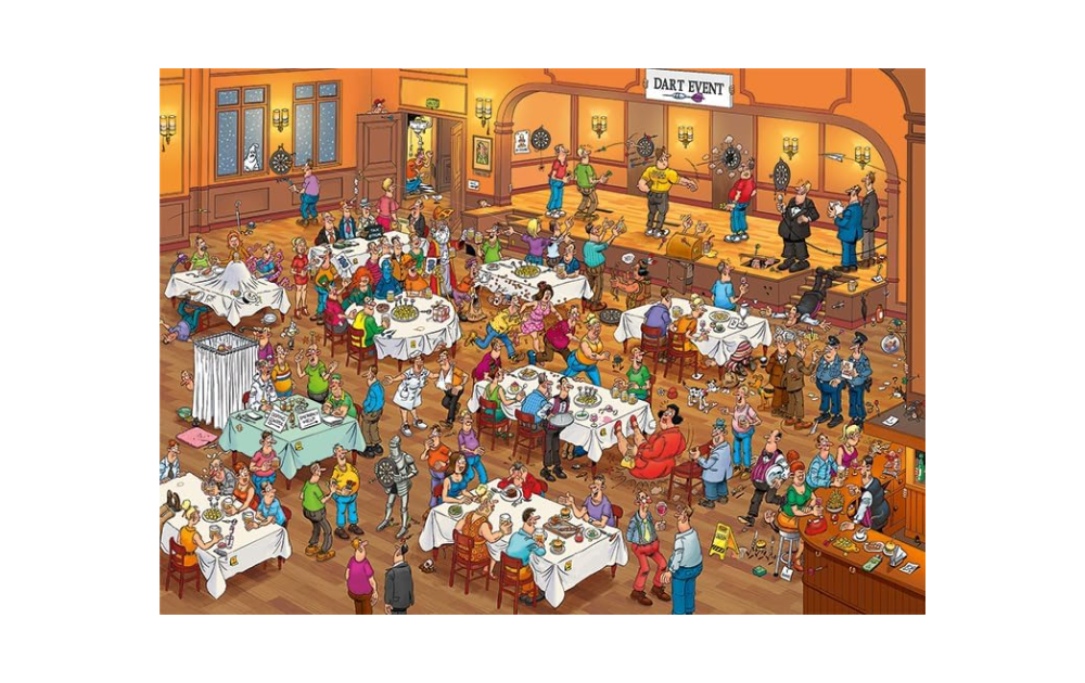 Jan van Haasteren puzzle 1000 piece featuring a busy restaurant scene with diverse characters and activities
