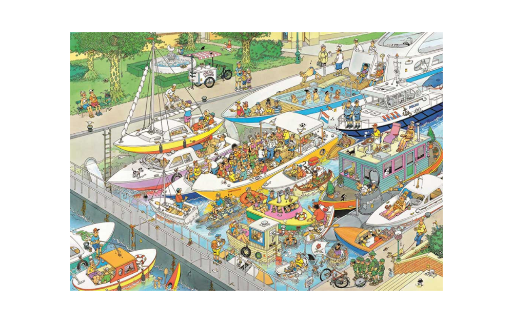 The Locks Jan Van Haasteren puzzle 1000 pieces featuring a colorful marina scene with boats and people