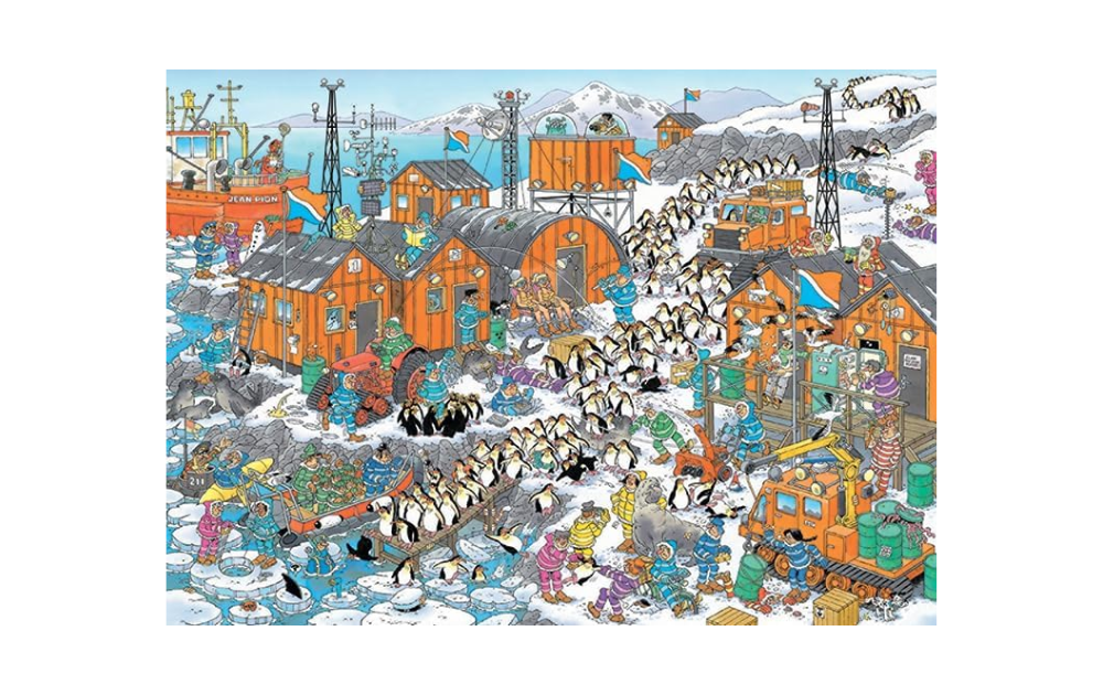 South Pole Expedition jigsaw puzzle by Jan Van Haasteren featuring a colorful Antarctic scene with playful penguins