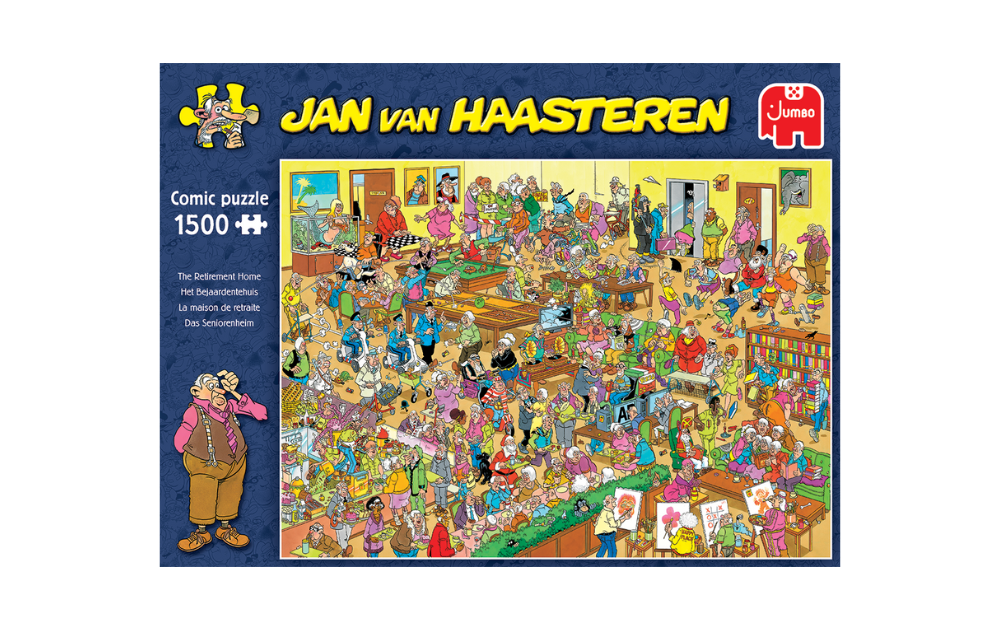 The Retirement Home jigsaw puzzle by Jan Van Haasteren featuring a vibrant, busy comic scene with many characters