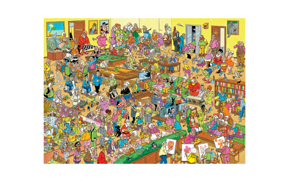 The Retirement Home jigsaw puzzle by Jan Van Haasteren featuring a vibrant, detailed scene of a busy retirement community