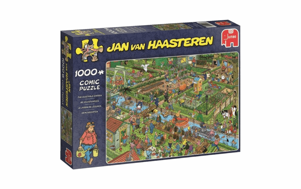 Jan Van Haasteren vegetable garden puzzle featuring a vibrant, detailed comic scene with various gardening activities