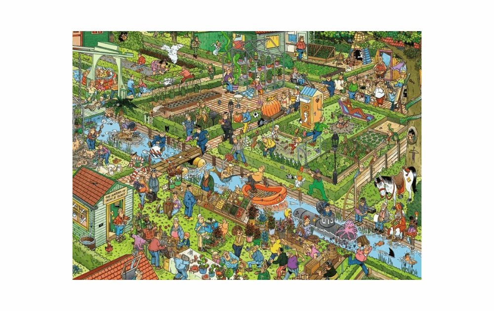Jan Van Haasteren vegetable garden puzzle featuring a vibrant, busy garden scene with various characters and activities