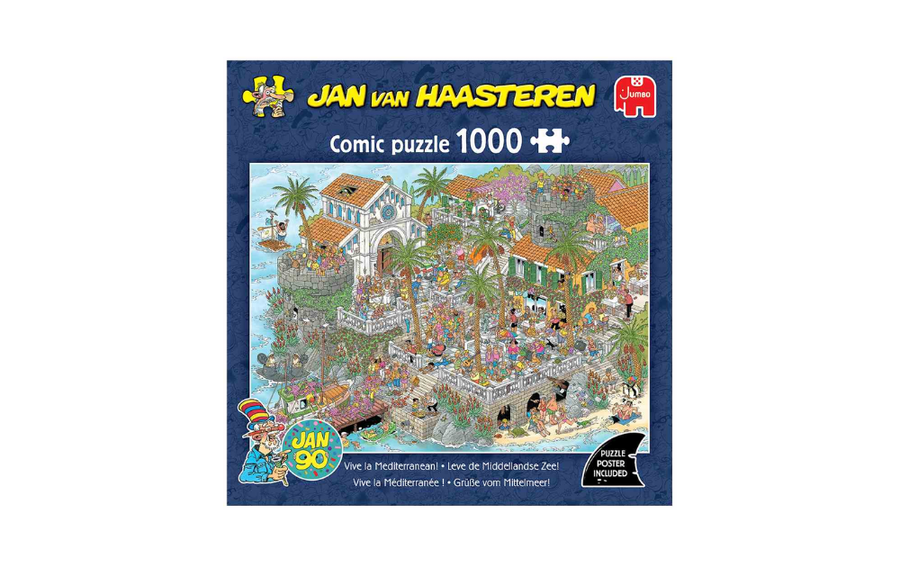 Vive la Mediterranean 1000 Piece Jigsaw Puzzle by Jan Van Haasteren featuring a vibrant seaside scene